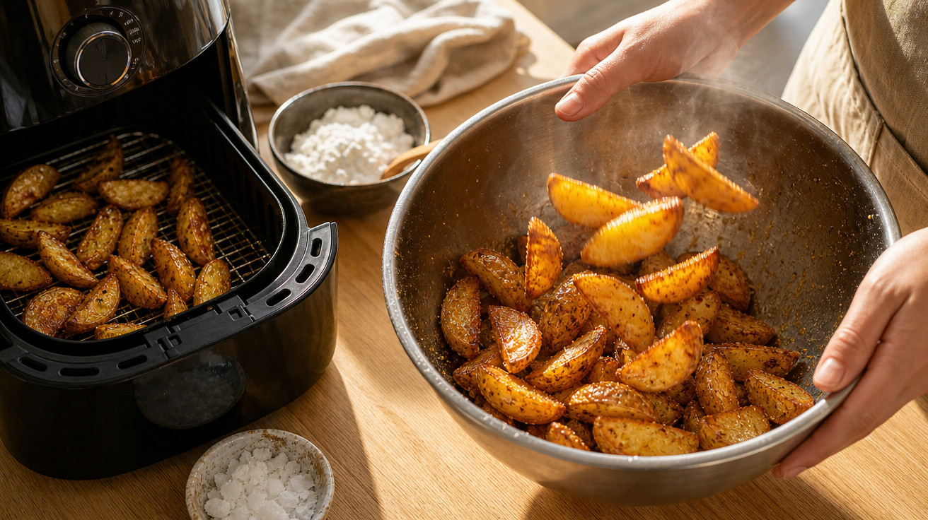 Batatas temperadas em uma tigela sendo preparadas para fritadeira elétrica em cozinha iluminada.