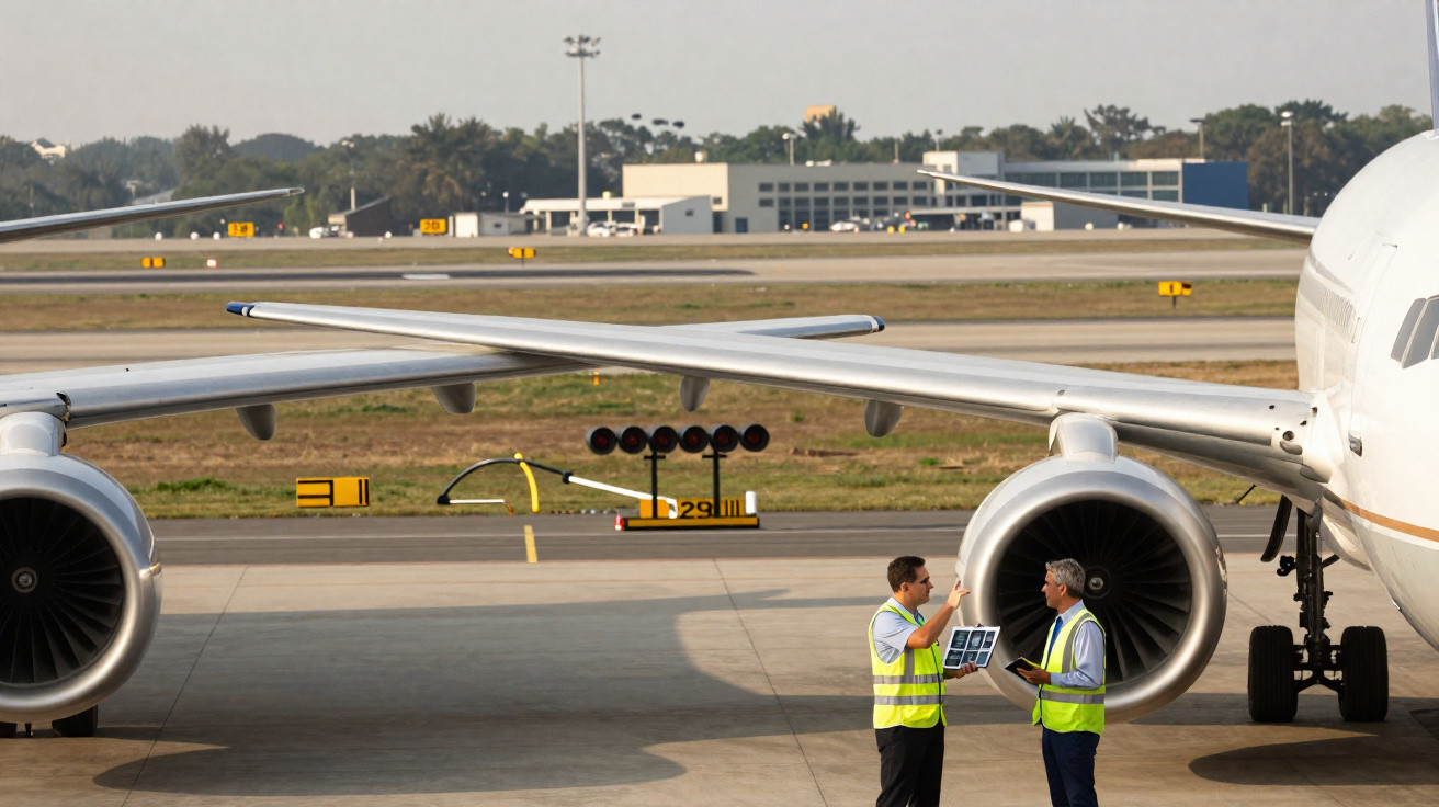 Dois técnicos em coletes amarelos analisam documentos próximos às turbinas de avião no pátio do aeroporto.