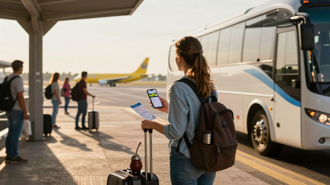 Pessoa segura passaporte e celular aguardando ônibus no aeroporto com avião ao fundo.