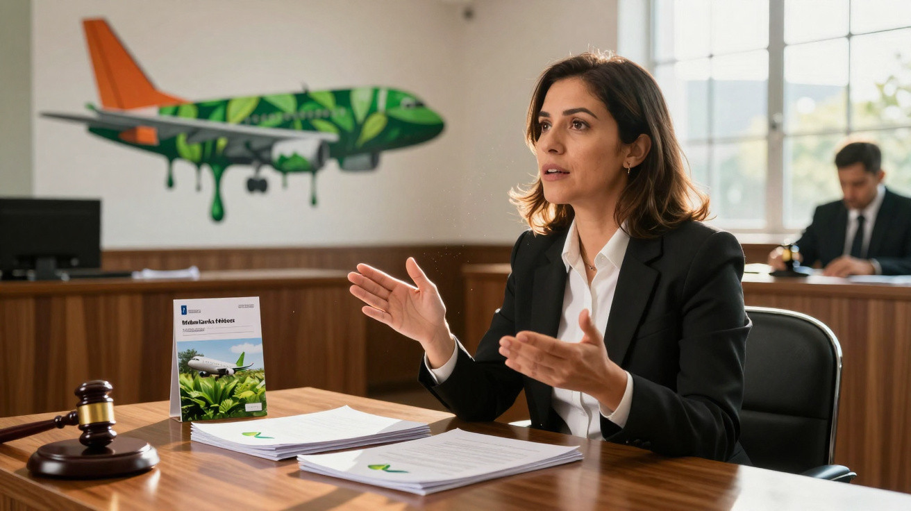 Mulher em reunião de negócios debate temas ambientais em escritório com avião decorativo ao fundo.