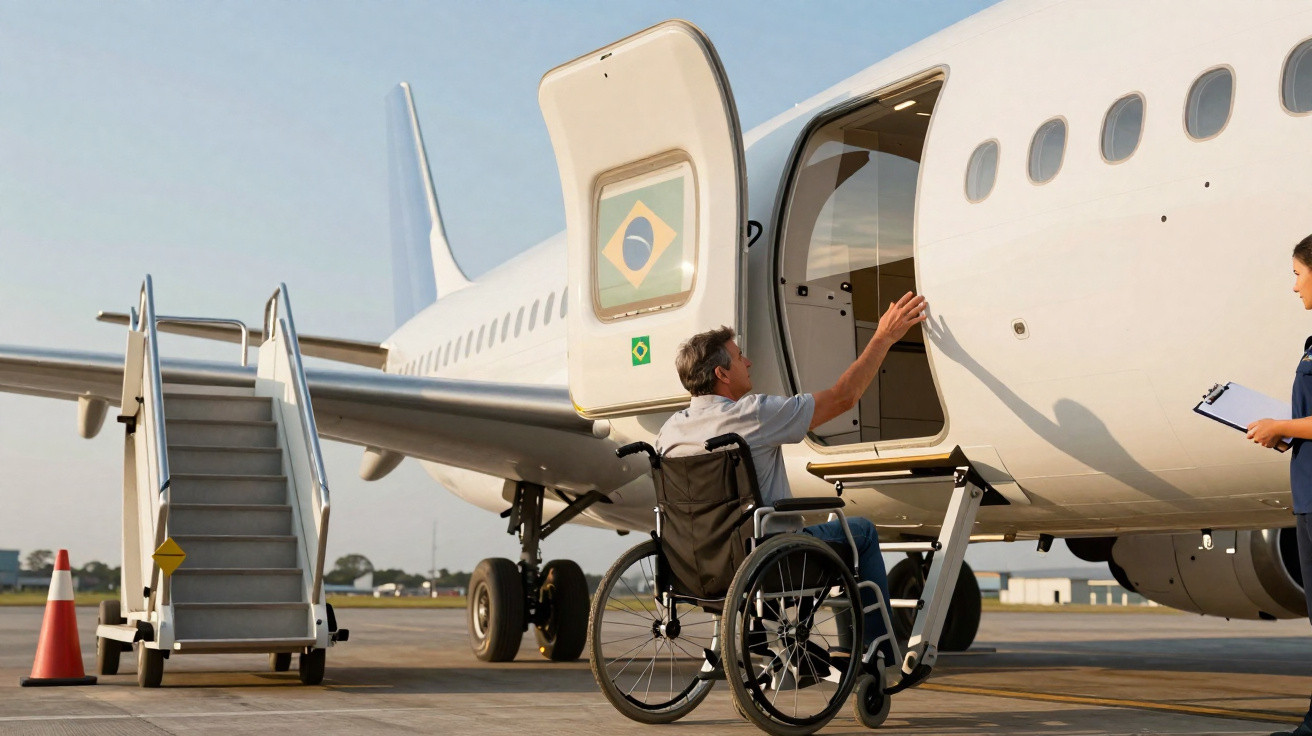 Homem em cadeira de rodas utiliza rampa para embarque em avião branco com bandeira do Brasil.