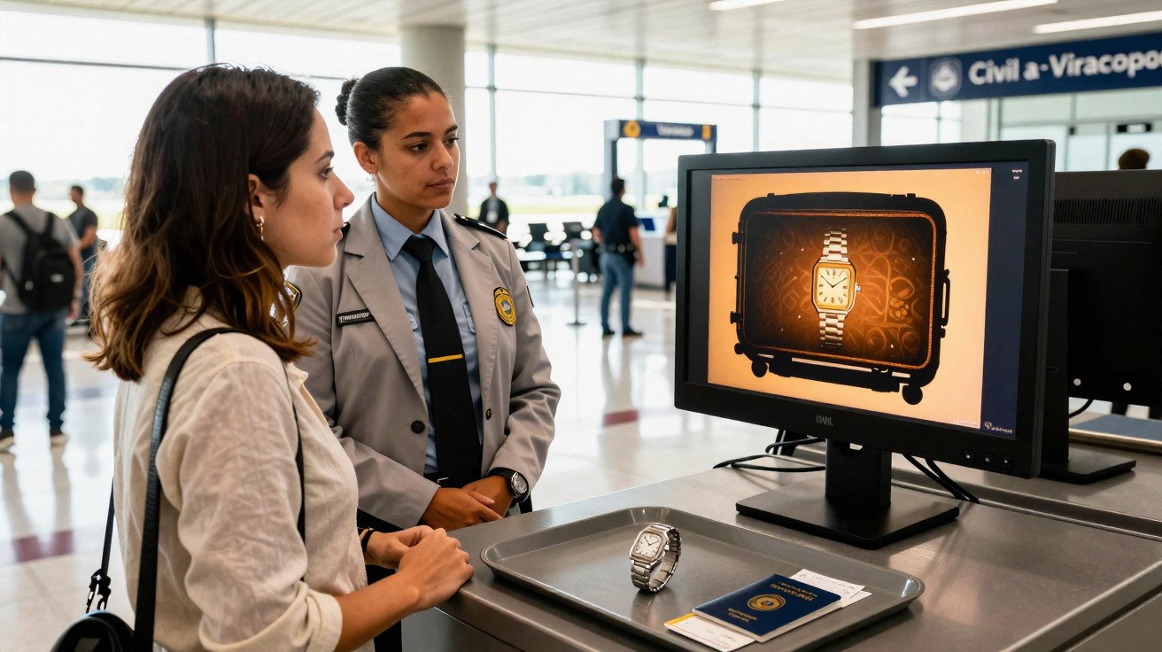 Mulher e agente de segurança observam relógio em bandeja na esteira de raio-x no aeroporto.