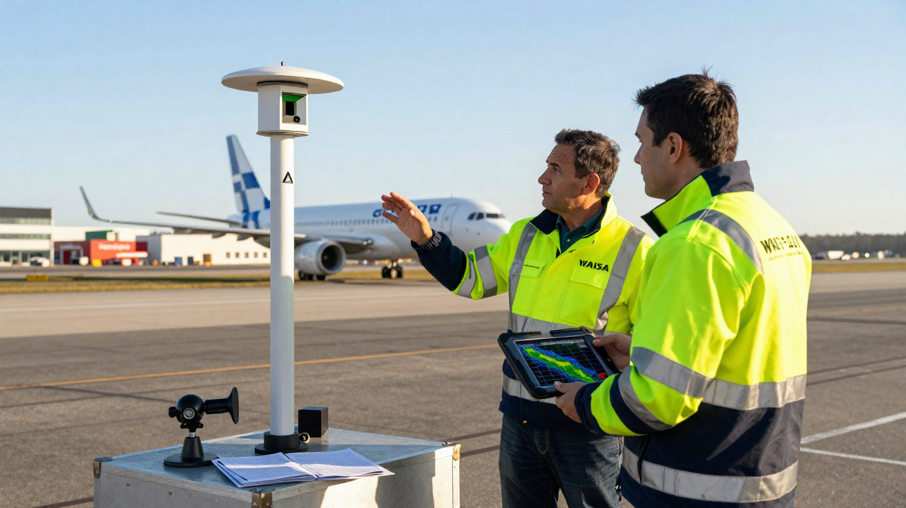 Dois homens com coletes às voltas em equipamento tecnológico em pista de aeroporto com avião ao fundo.