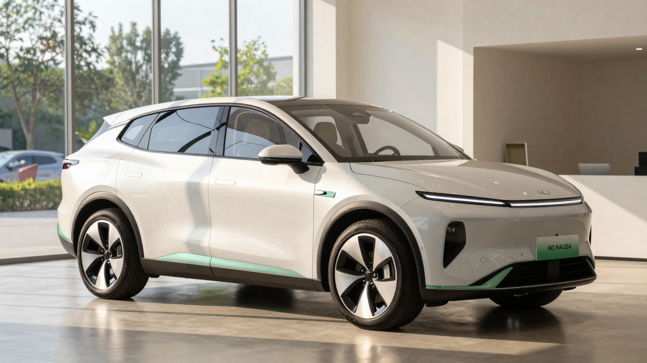 Carro elétrico branco moderno estacionado em ambiente interno com grandes janelas e luz natural.