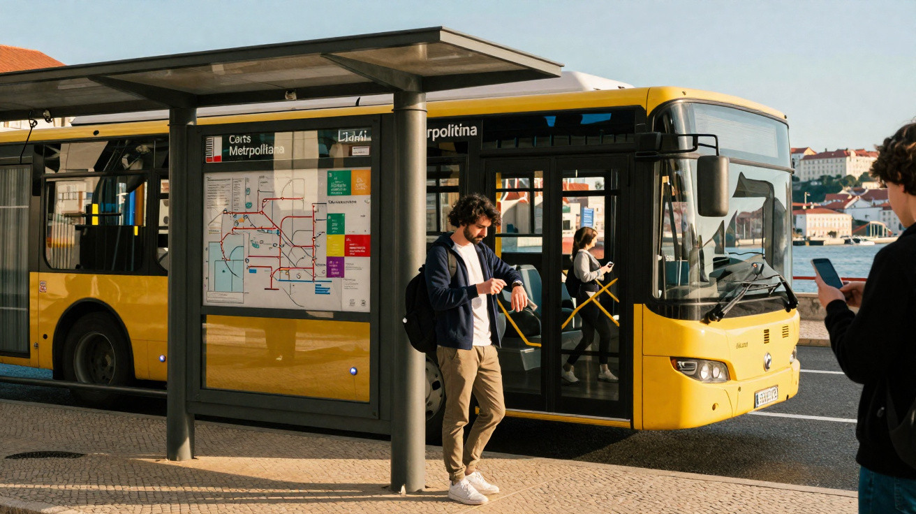 Homem esperando ônibus amarelo em ponto com mapa do transporte metropolitano ao fundo.