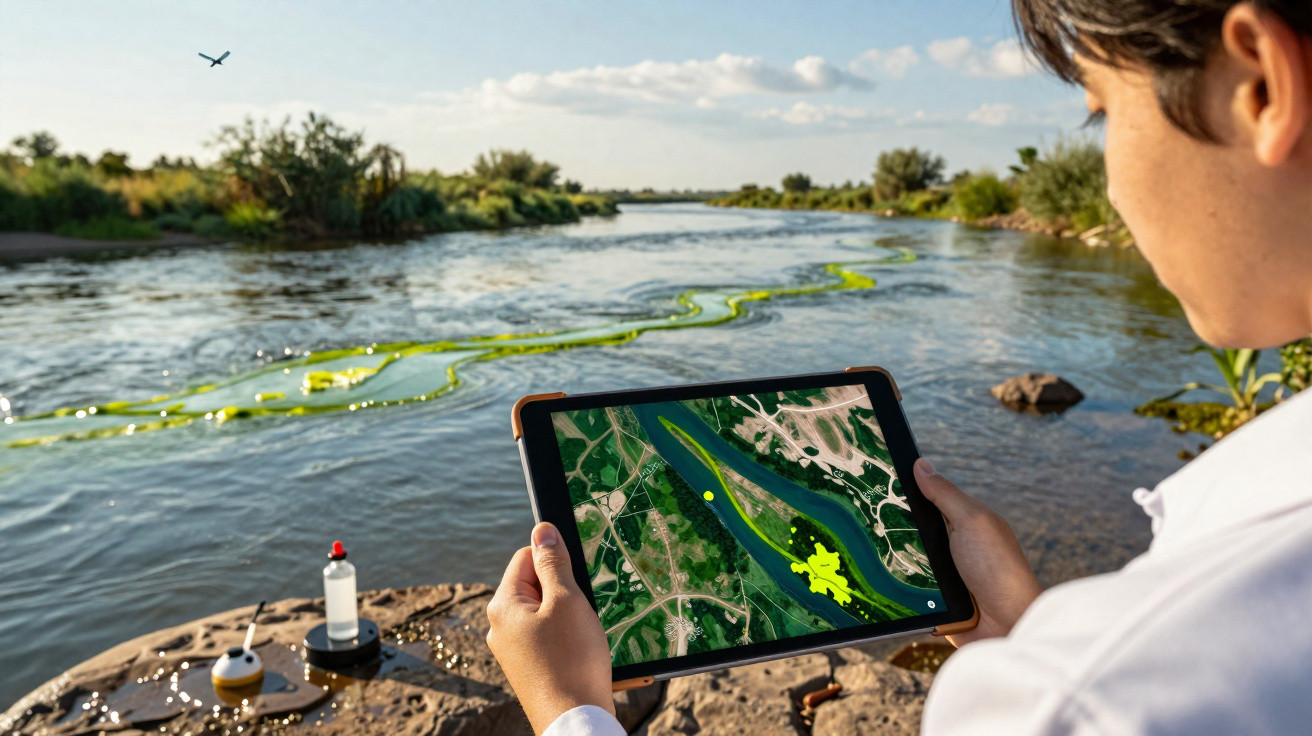 Pessoa segurando tablet com mapa digital à beira de rio em ambiente natural com vegetação e céu azul.