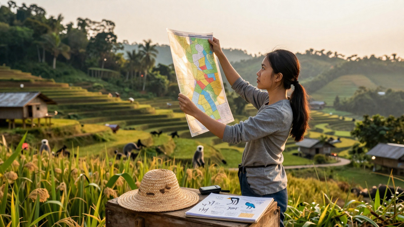Mulher olhando um mapa em área rural com plantações e construções ao fundo ao entardecer.