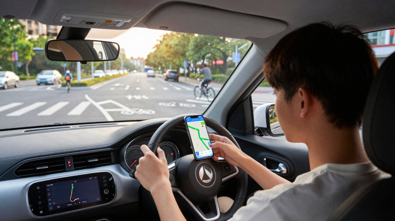 Homem dirigindo carro e consultando aplicativo de navegação no celular durante o dia.