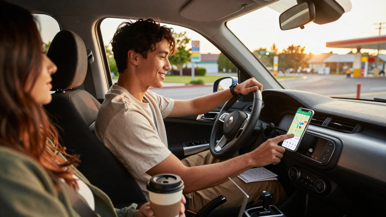 Jovem no banco do motorista usando GPS no celular enquanto passageira segura copo de café no carro parado.