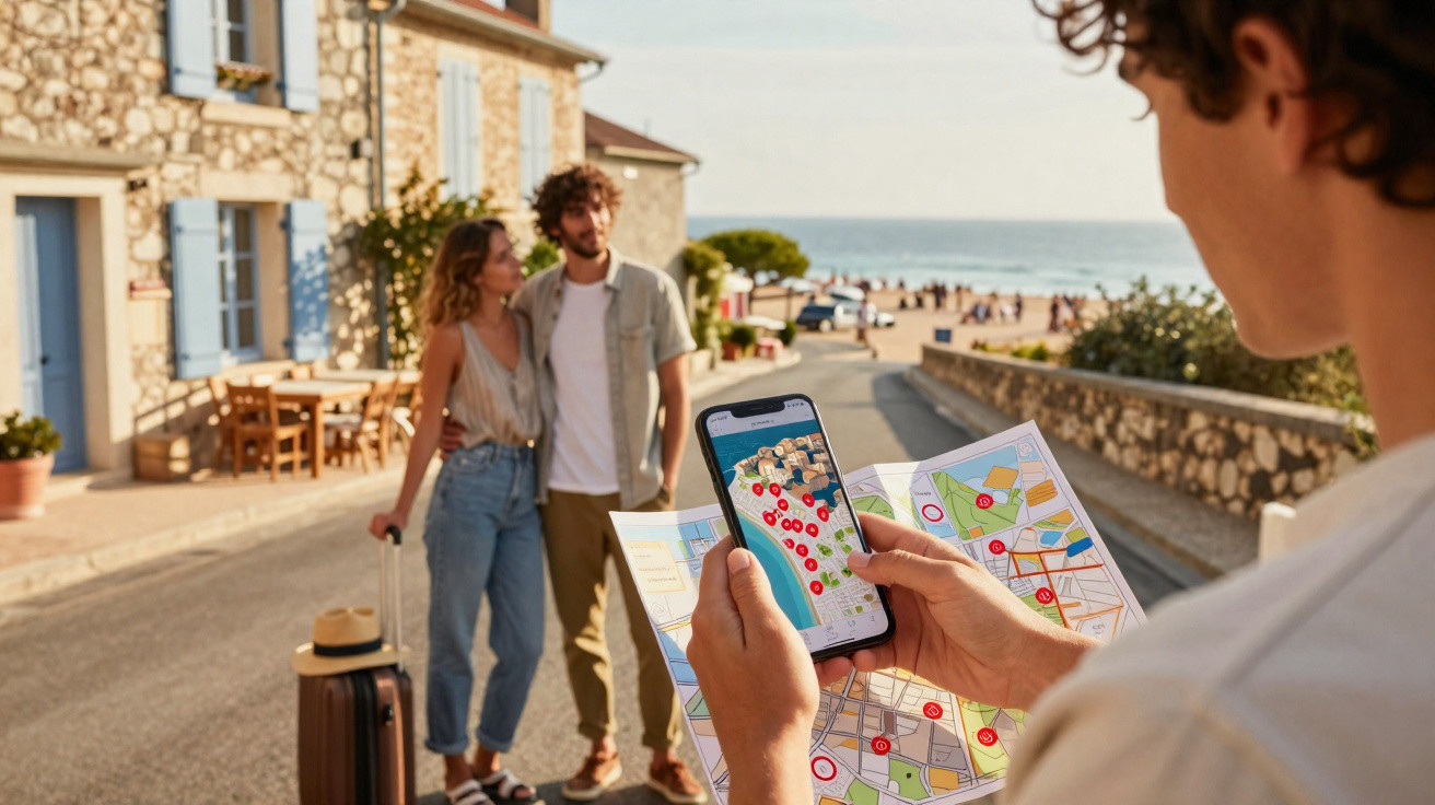 Pessoa usando mapa impresso e celular com mapa digital, casal ao fundo na rua de cidade praiana ensolarada.