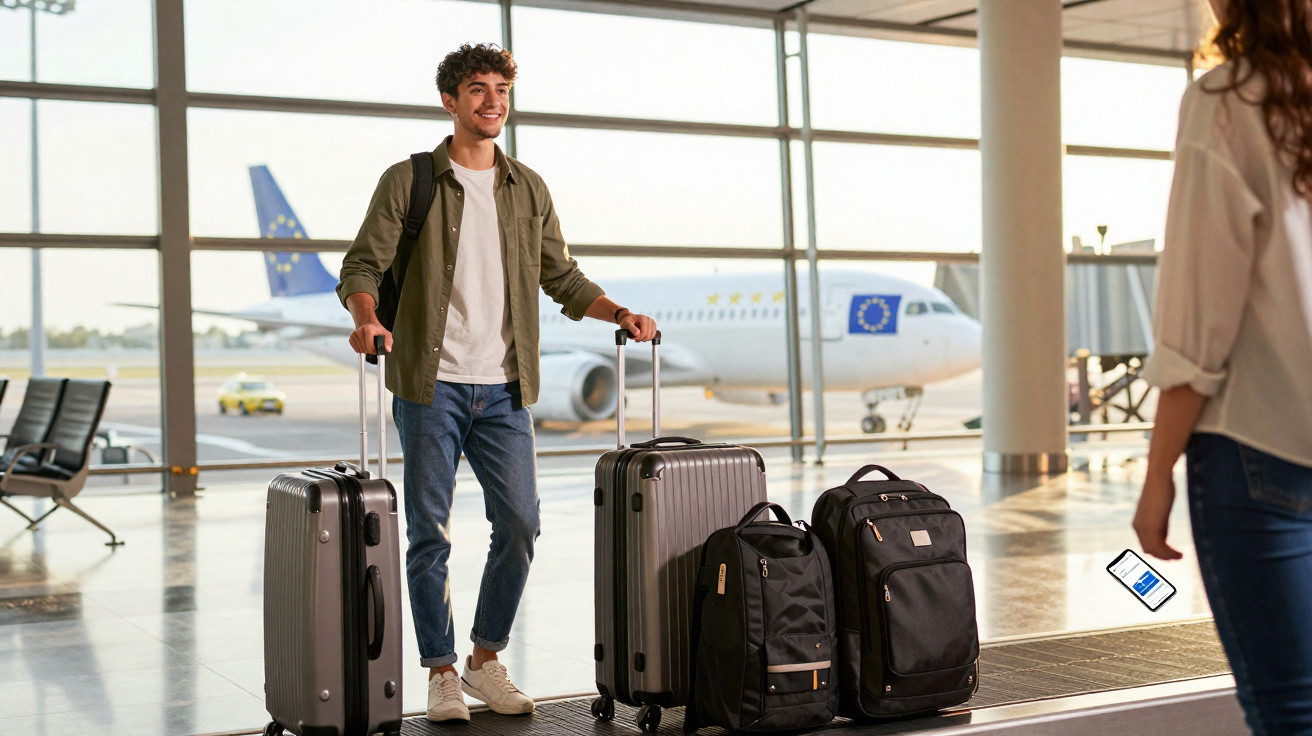 Jovem sorridente com mala e mochilas em saguão de aeroporto, avião ao fundo.