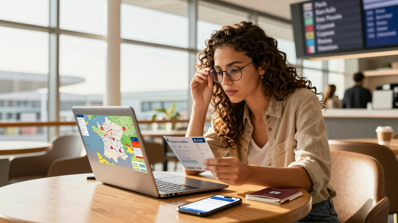 Mulher com óculos consultando passagem e laptop em mesa de aeroporto com celular e passaporte.