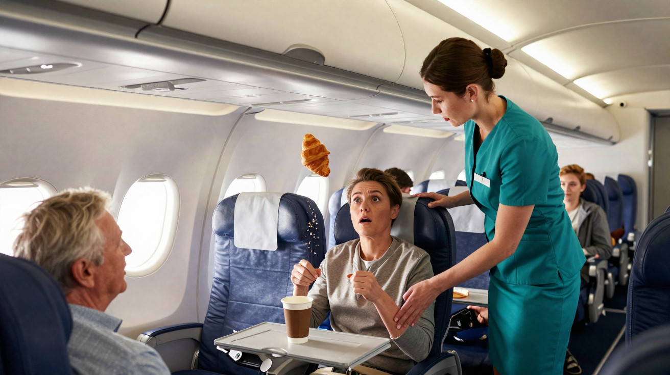 Passageira surpresa com croissant caindo sobre ela, com comissária ao lado em avião.