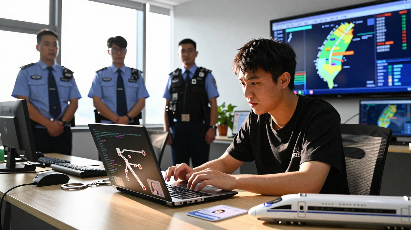 Jovem trabalhando em laptop em escritório com três policiais ao fundo e maquete de trem na mesa.