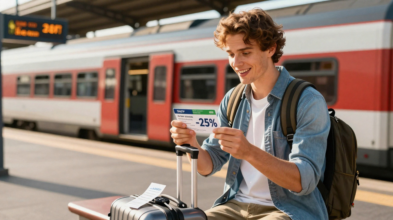 Homem sorrindo com mochila e mala na plataforma de trem, segurando um cupom de desconto de 25%