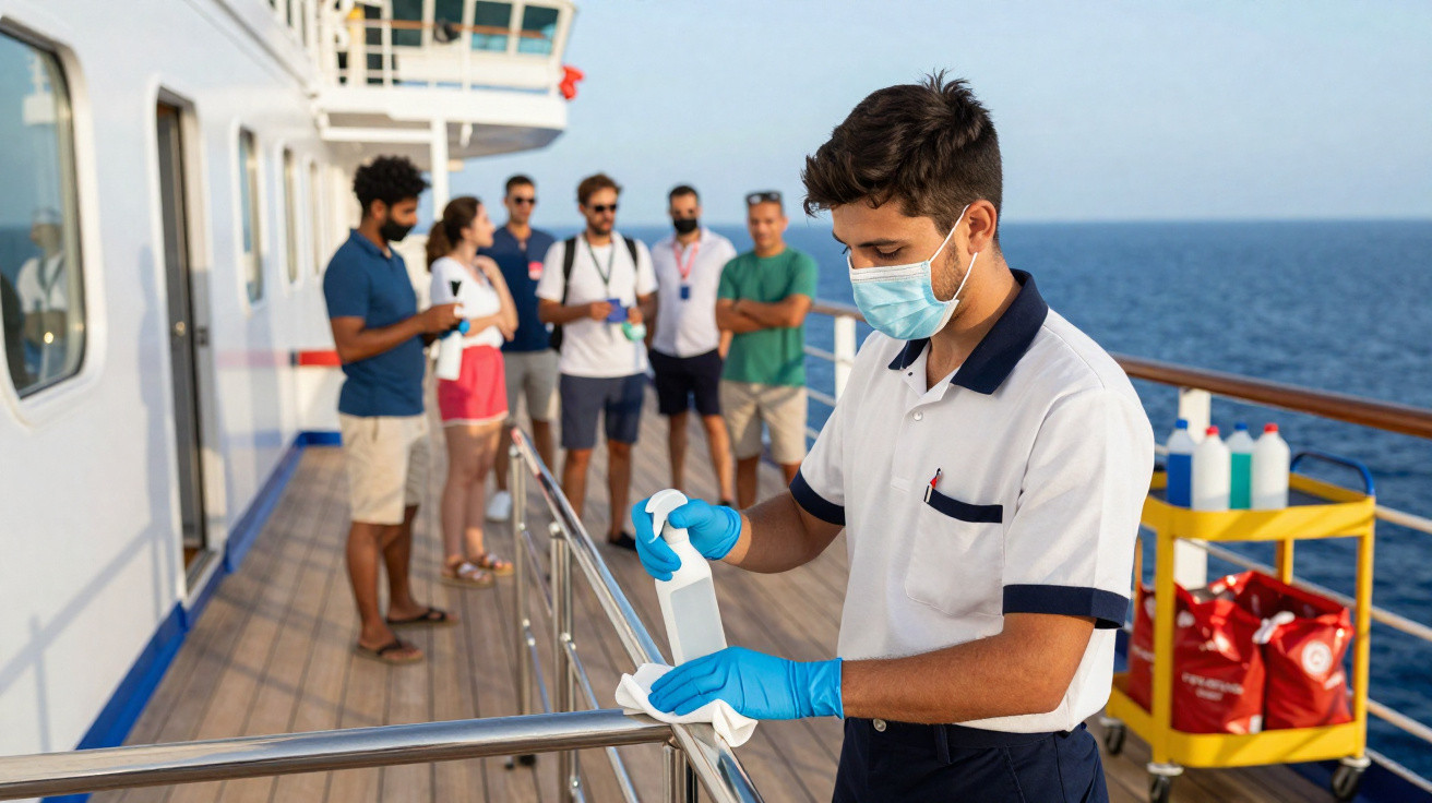 Homem com máscara e luvas limpando corrimão em navio com grupo ao fundo e mar visível.