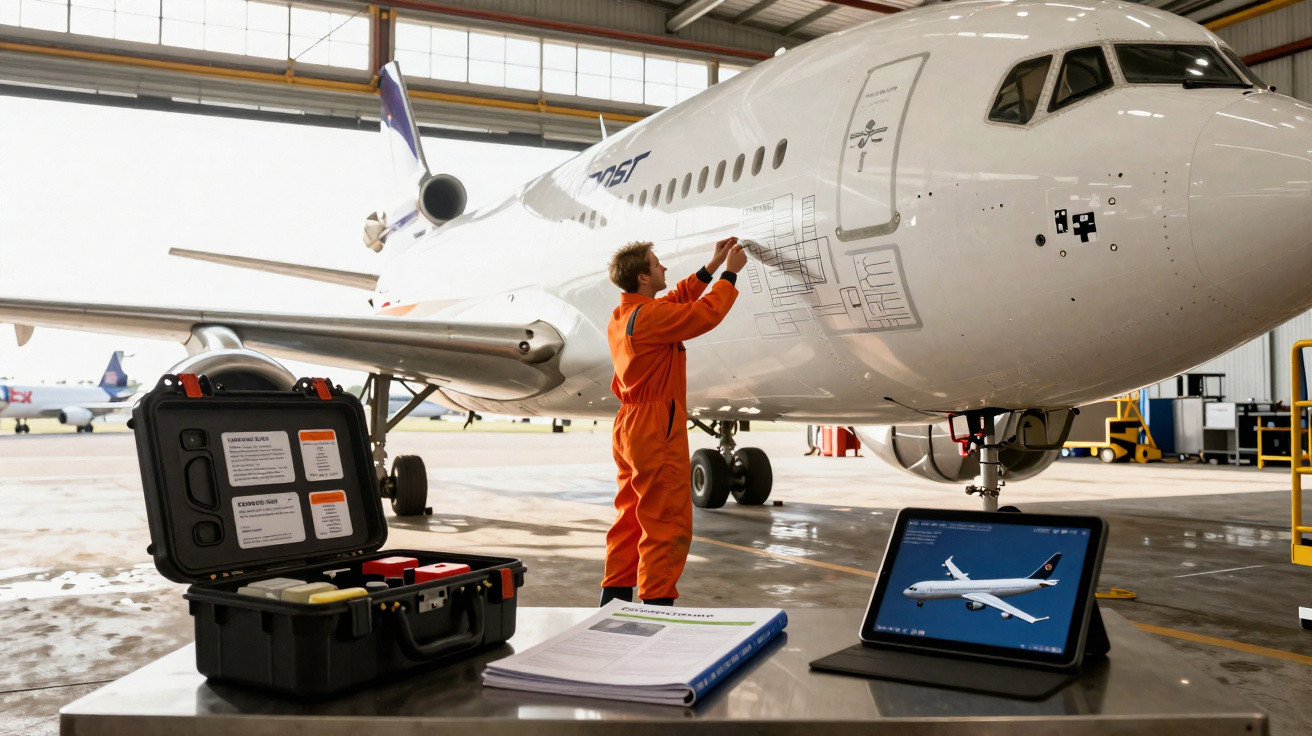Técnico em macacão laranja inspecionando uma aeronave branca em hangar com equipamentos e tablet na mesa.