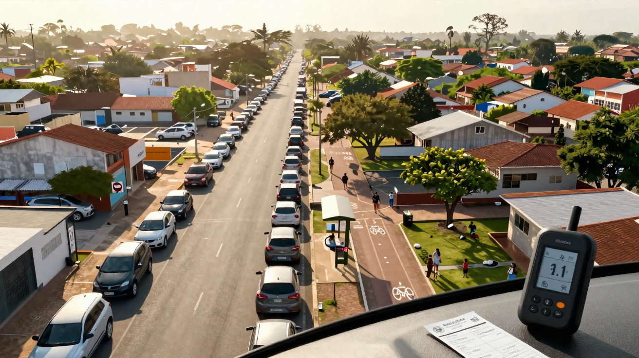 Rua residencial com carros estacionados, ciclovia e aparelho de medição na parte inferior direita da imagem.