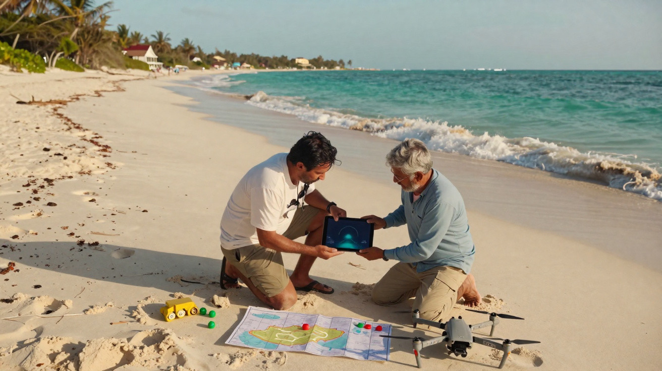 Dois homens analisam um tablet na praia ao lado de mapa, marcador colorido e drone sobre a areia.
