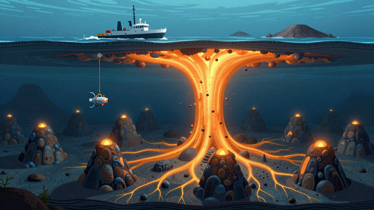 Ilustração mostrando navio, submarino e vulcões hidrotermais ativos no fundo do oceano com lava visível.