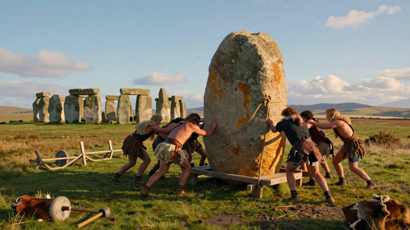Grupo de pessoas empurrando grande pedra em plataforma perto de Stonehenge em campo aberto.