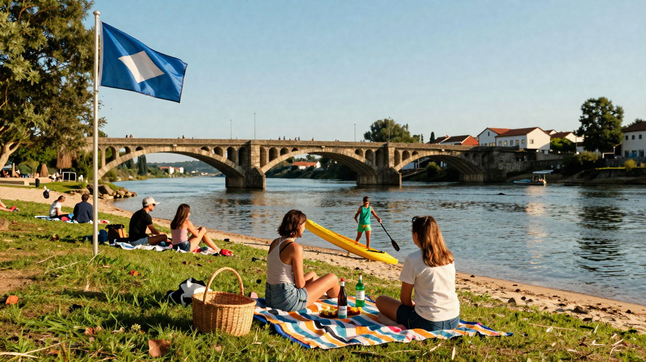 Pessoas relaxando à beira do rio com ponte ao fundo em um dia ensolarado de primavera.