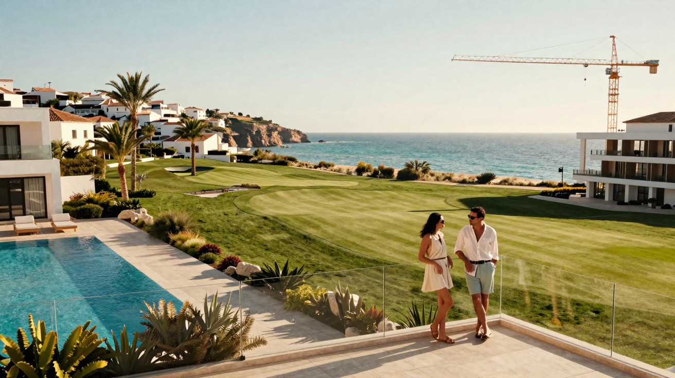 Casal em varanda com vidro, casas, piscina, campo de golfe e mar ao fundo em dia ensolarado.