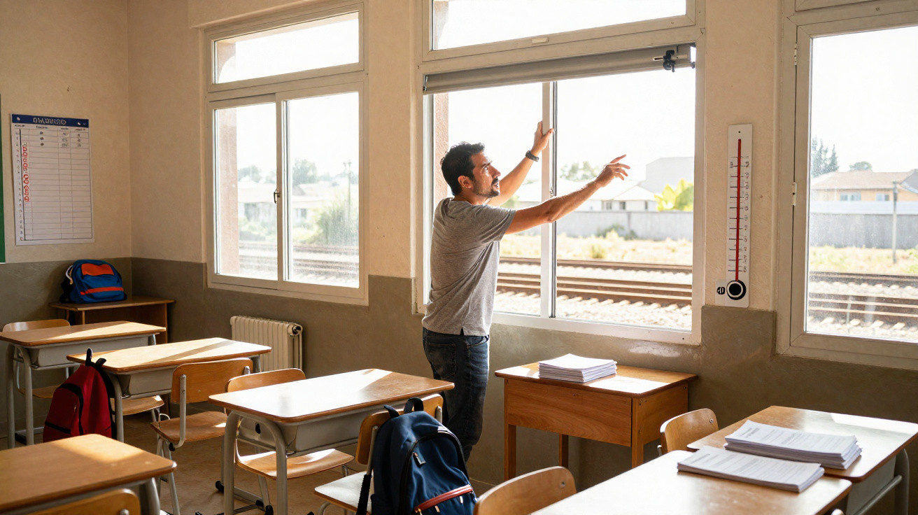 Homem abrindo janela de uma sala de aula vazia com carteiras e mochilas.