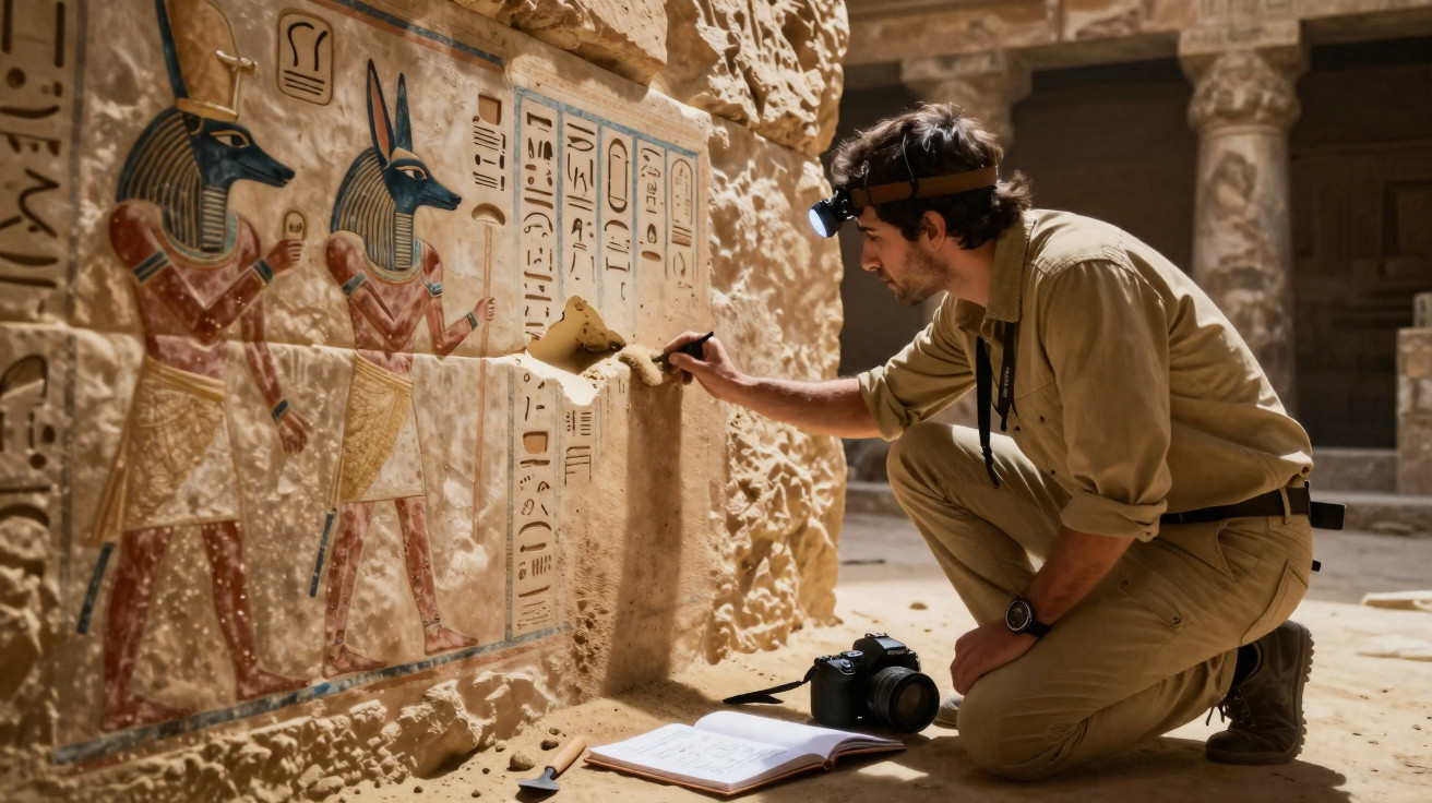 Arqueólogo examinando inscrições hieroglíficas em parede antiga dentro de templo egípcio.