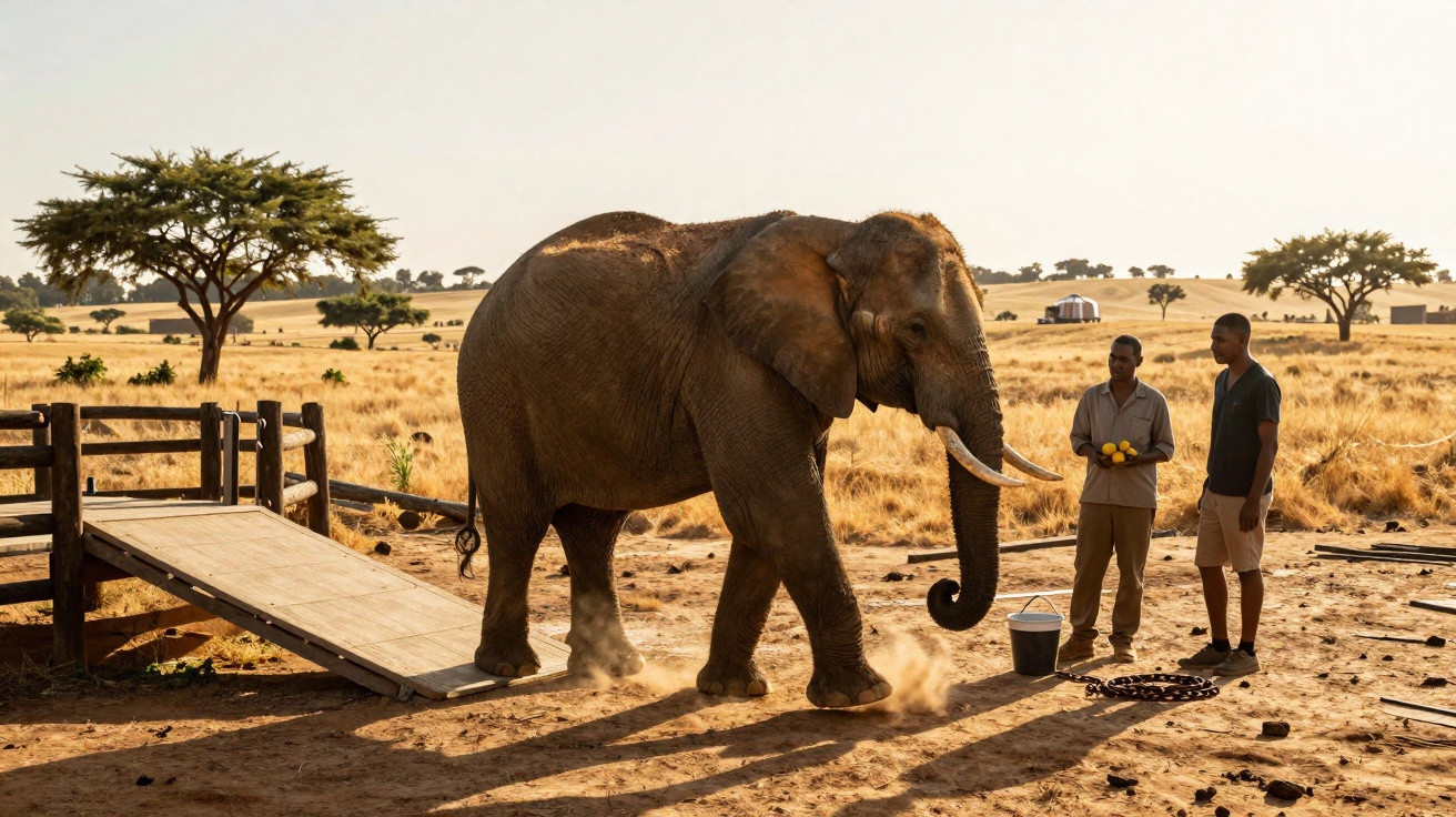 Elefante próximo a dois homens em área seca com árvores ao fundo em ambiente de savana.