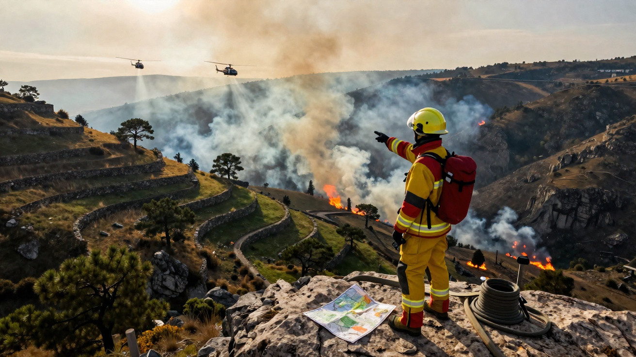 Bombeiro equipado observa incêndio florestal em área montanhosa com helicópteros sobrevoando no céu.