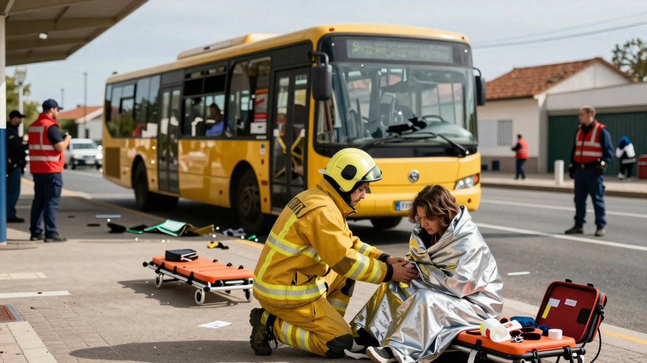 Bombeiro ajuda mulher coberta com manta térmica após acidente próximo a ônibus amarelo na rua.