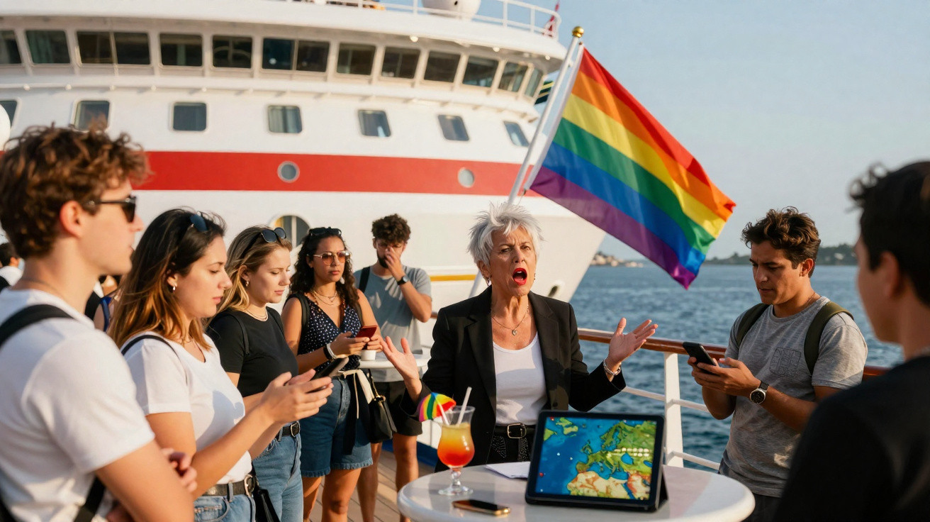 Grupo de pessoas em barco com bandeira do arco-íris e mulher falando com tablet sobre mesa.