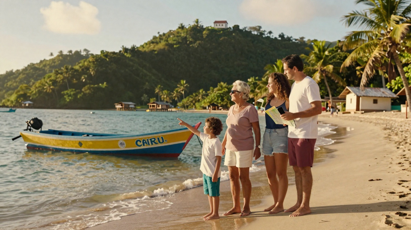 Família de quatro pessoas observa barco colorido na praia com vegetação e casas ao fundo.