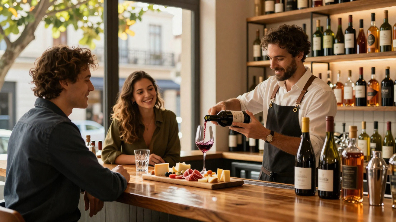 Homem serve vinho a casal sentado no balcão de bar com tábuas de frios e garrafas ao redor.