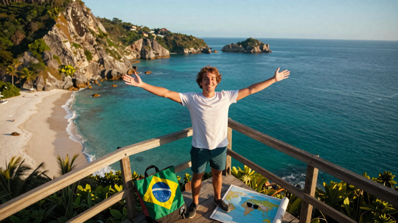 Homem com braços abertos em deck com vista para praia, mar e vegetação tropical ao fundo.