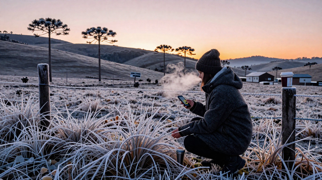 Pessoa agachada em paisagem fria com vegetação coberta de geada e árvores ao pôr do sol.
