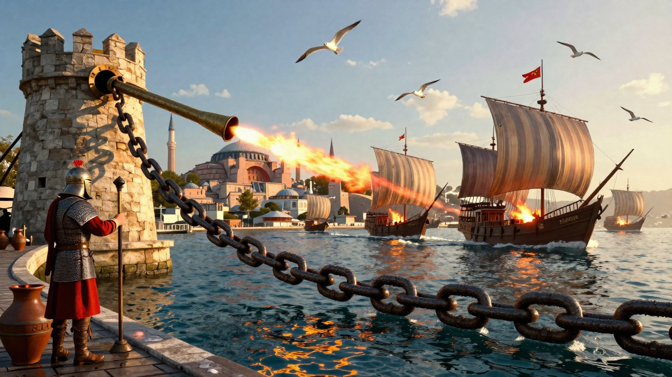 Soldado medieval com armadura observa navios turcos com velas e bandeiras vermelhas, fogo e corrente no mar.