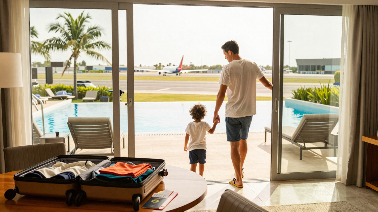 Pai e filho de mãos dadas saem para piscina perto do aeroporto, com mala aberta sobre mesa e avião ao fundo.
