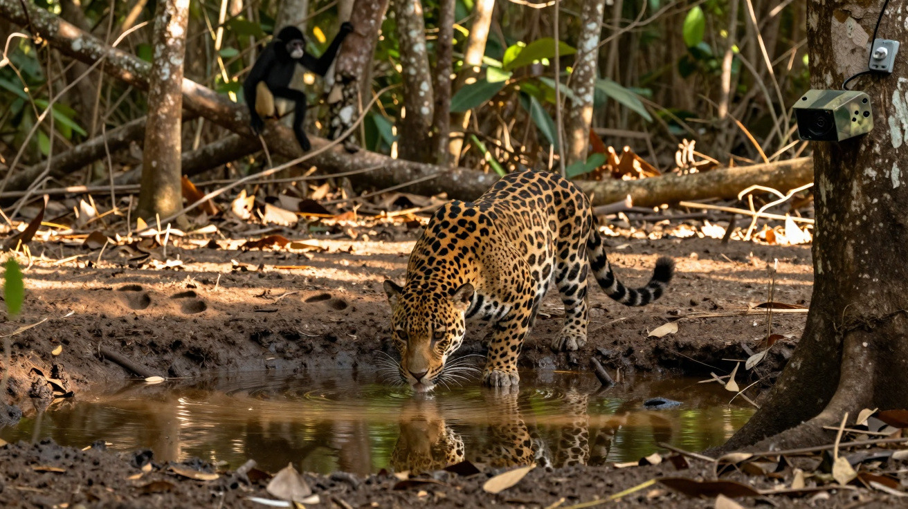 Onça-pintada bebendo água em uma poça na mata, com macaco e câmera de monitoramento ao fundo.