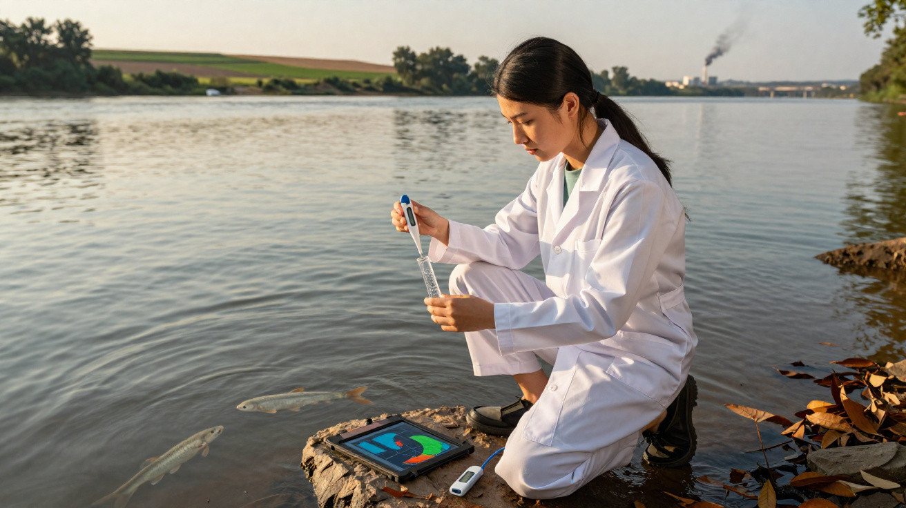 Mulher cientista coleta amostra de água de rio para análise ambiental com tablet e equipamento à beira do rio.