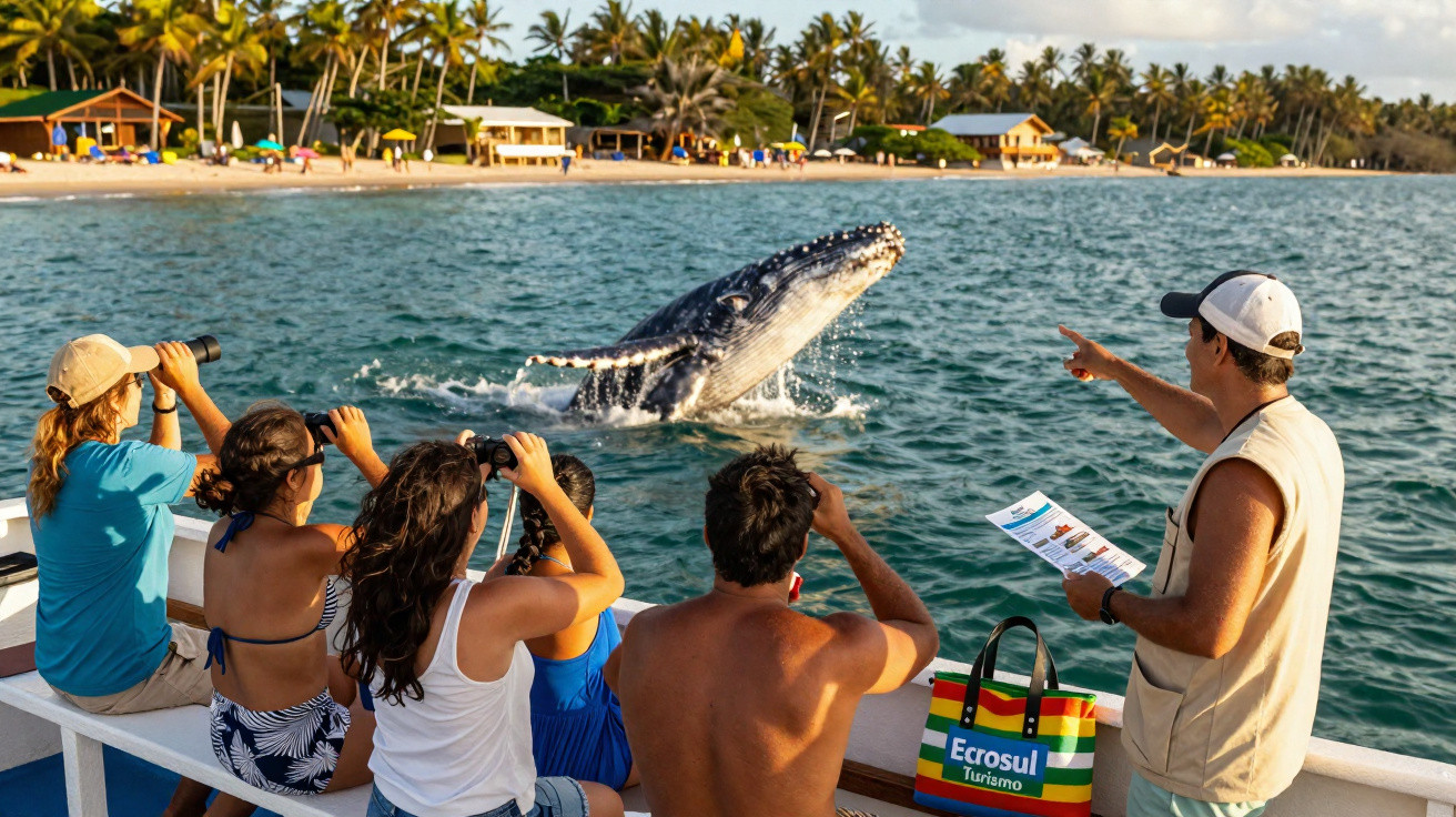 Pessoas observando uma baleia saltando perto de um barco em uma costa com praia e palmeiras.