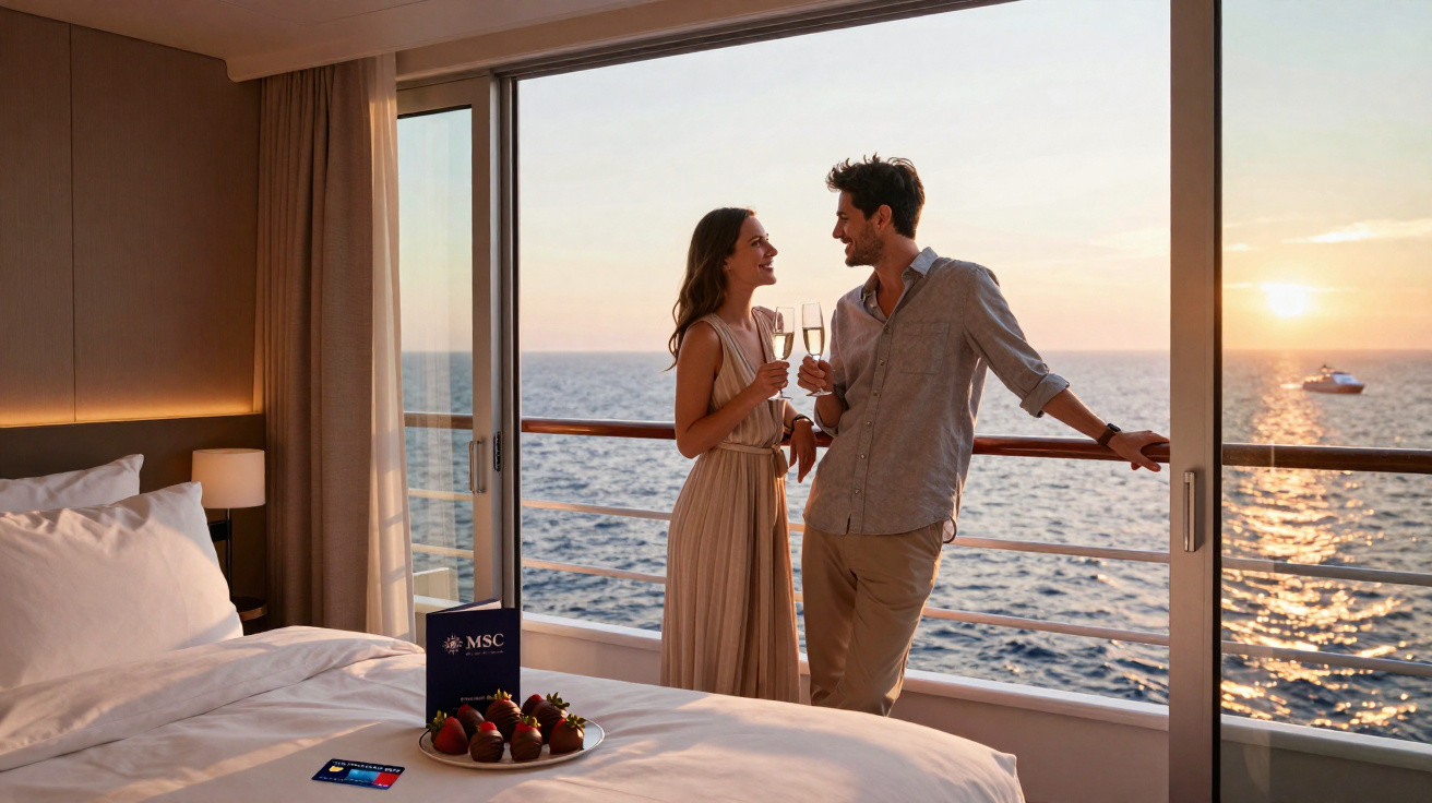 Casal brindando com taças em varanda de cabine com vista para o mar e pôr do sol em cruzeiro.