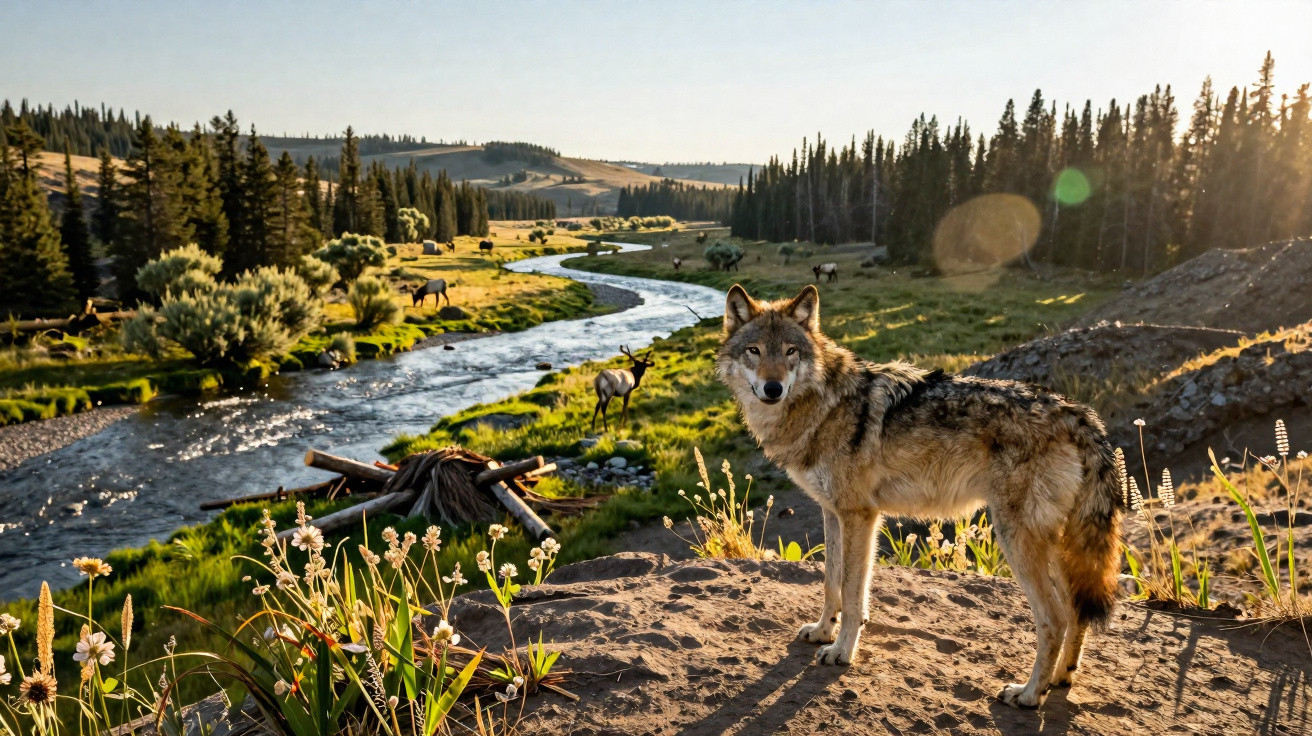 Lobo em primeiro plano próximo a rio sinuoso cercado por vegetação e alces em ambiente natural ao pôr do sol.