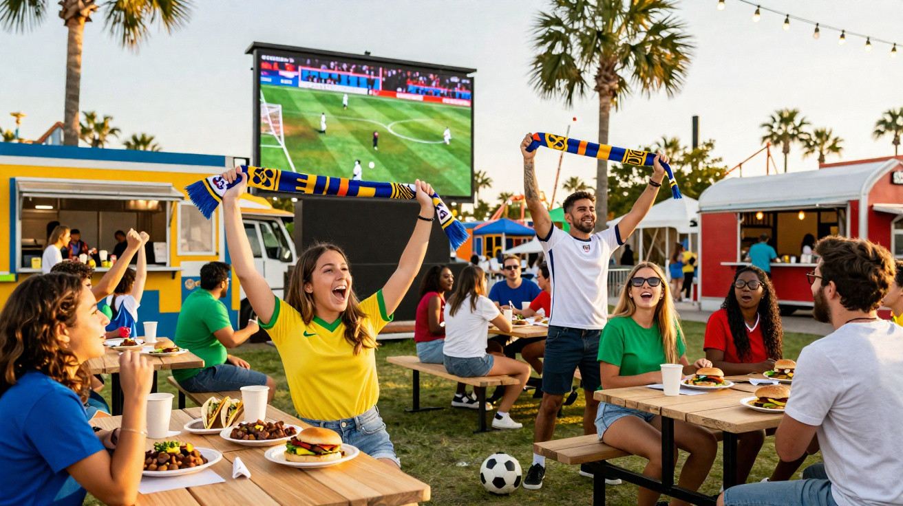 Grupo de amigos comemorando jogo de futebol em área externa com food trucks ao fundo.