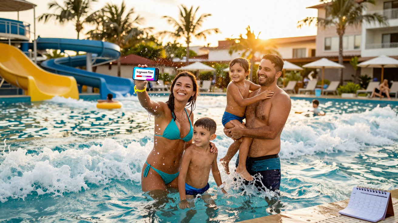 Família sorridente tira selfie em piscina com tobogã e ondas artificiais ao pôr do sol.