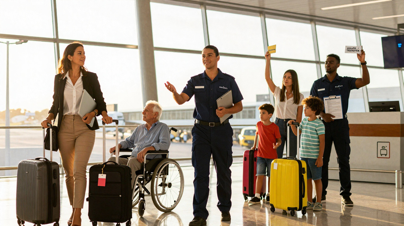 Grupo de pessoas com bagagens e dois funcionários auxiliando em aeroporto iluminado.