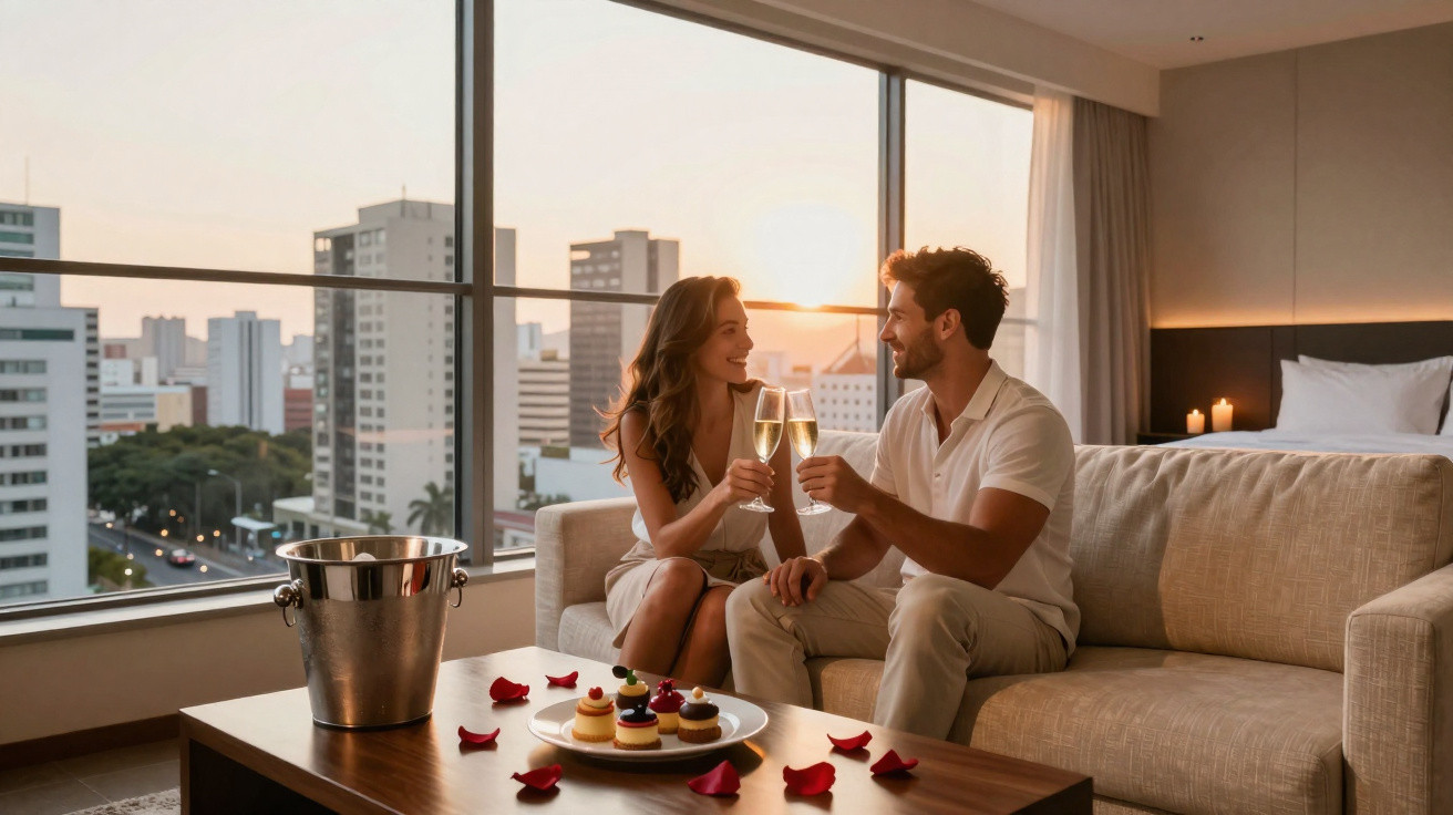 Casal brindando com taças de champanhe em sala aconchegante com vista para cidade ao pôr do sol.
