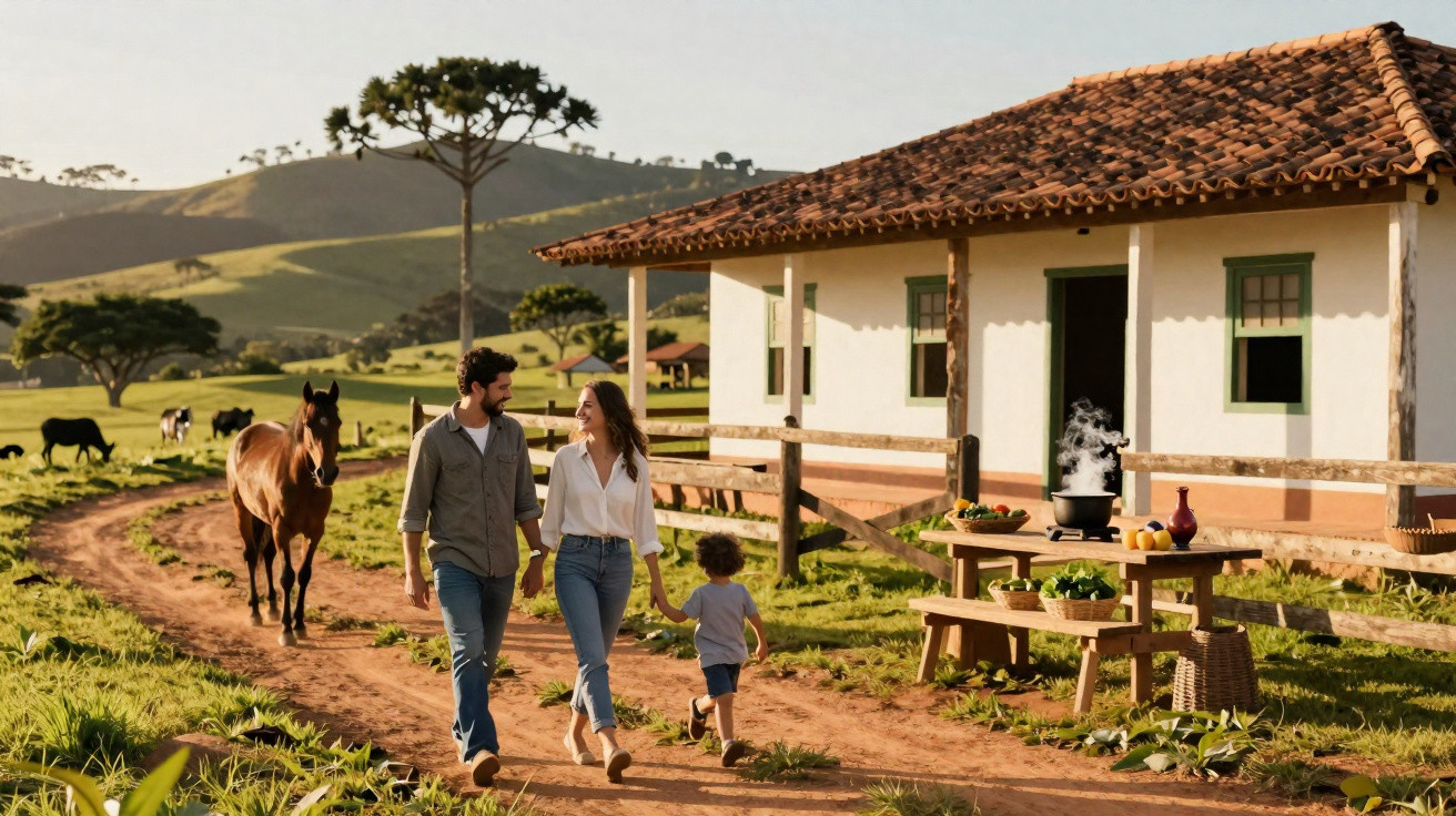 Família caminhando em fazenda com cavalo, vacas e casa branca ao fundo em dia ensolarado.
