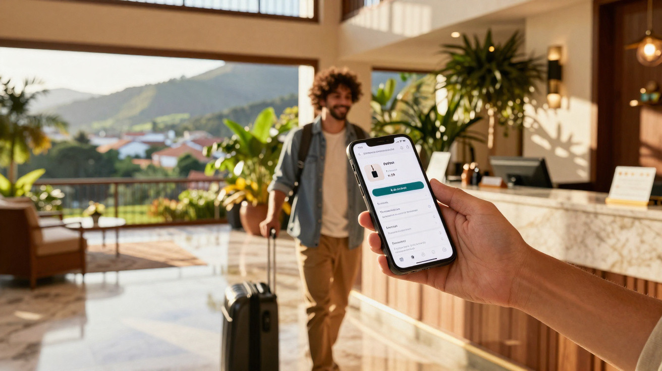 Pessoa segurando celular com app de reserva aberto na recepção de hotel, com hóspede ao fundo.